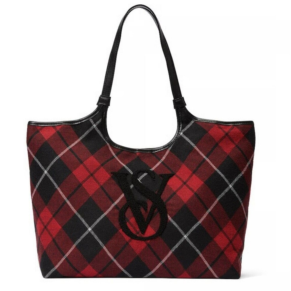 Victoria’s Secret Red & Black Tartan Plaid Flannel Weekend Tote Bag Logo NWT
